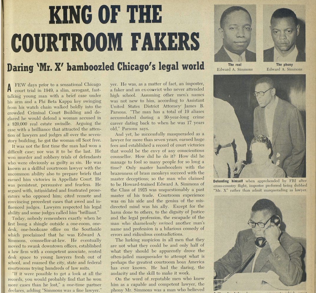 Ebony magazine spread titled "king of the courtoom fakers"
