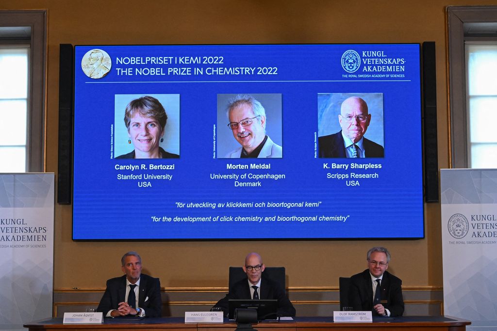 Members of the Nobel Committee for Chemistry seated at a table announcing 2022's winners. Pictures of the winners are displayed on a screen behind them.