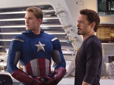 Captain America (Chris Evans) and Tony Stark (Robert Downey Jr.) in Marvel’s The Avengers