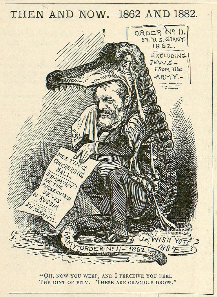 An 1882 cartoon depicting Grant crying "crocodile tears" over Jewish persecution ahead of the 1884 presidential election