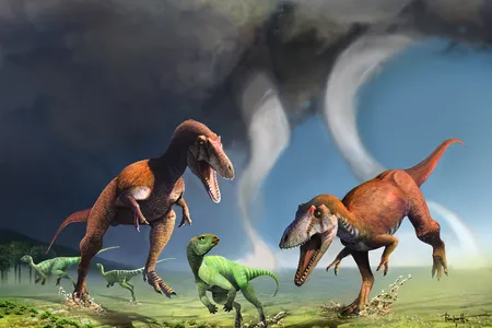 Illustration of Gualicho shinyae hunting with its jaws, not arms.