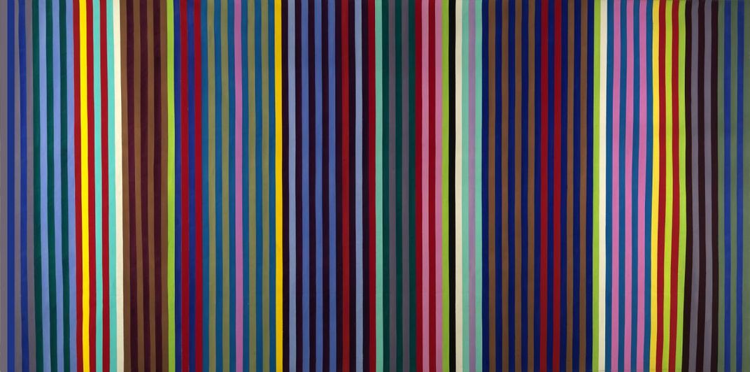 A painting with vertical stripes of different colors. 