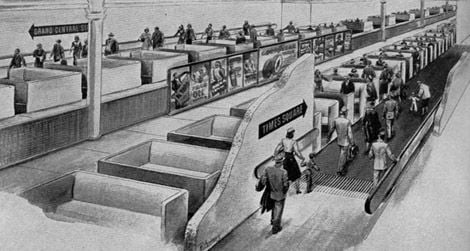 The New York subway system's moving sidewalk of the future by Goodyear (1950s)