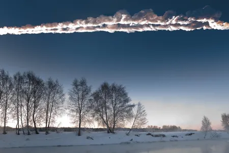 The Chelyabinsk meteor comes screaming in at Mach 60 over Russia in 2013. This 20-meter-or-so object broke up in the atmosphere, but the shock wave caused 1,600 injuries and damaged more than 7,000 buildings. Think what an impactor seven times bigger could do.