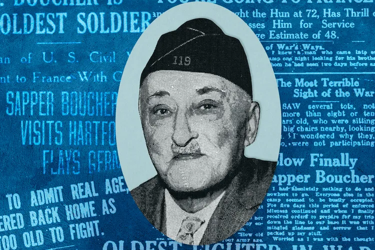 Illustration of J.W. Boucher in front of newspaper headlines about his exploits