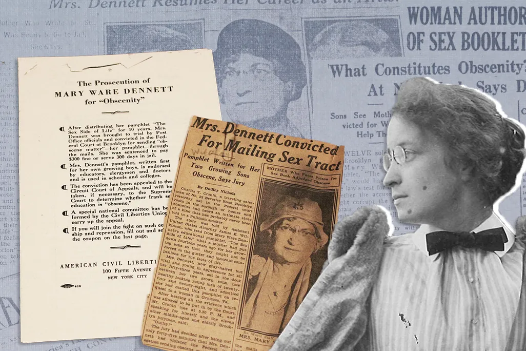 Photo of Mary Ware Dennett overlaid on newspaper headlines about the censorship case