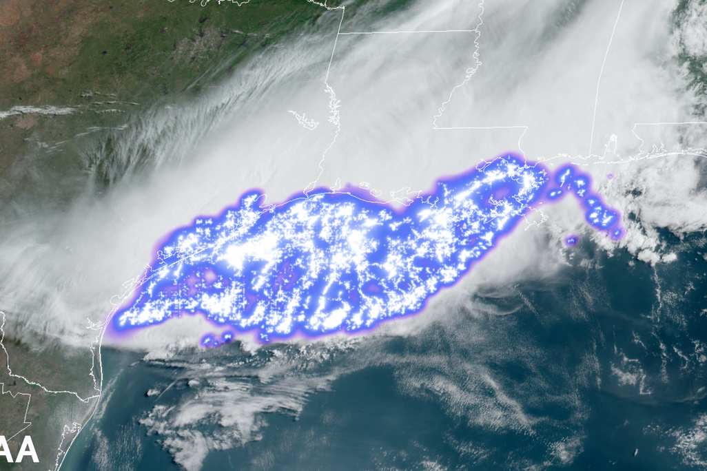 A satellite image of massive thunderstorm over the southern united states