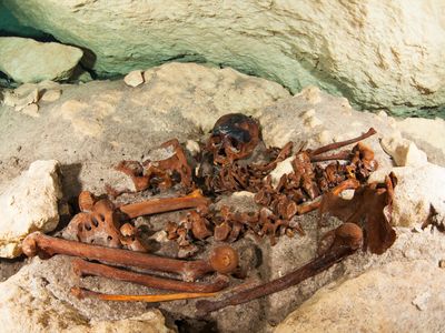 Ancient Mayan skull and bones remain in a Mexican sinkhole, remnants of a long-ago human sacrifice. The victims of sacrifice in Mayan rituals were varied, ranging from slaves to captive rulers of other lands.