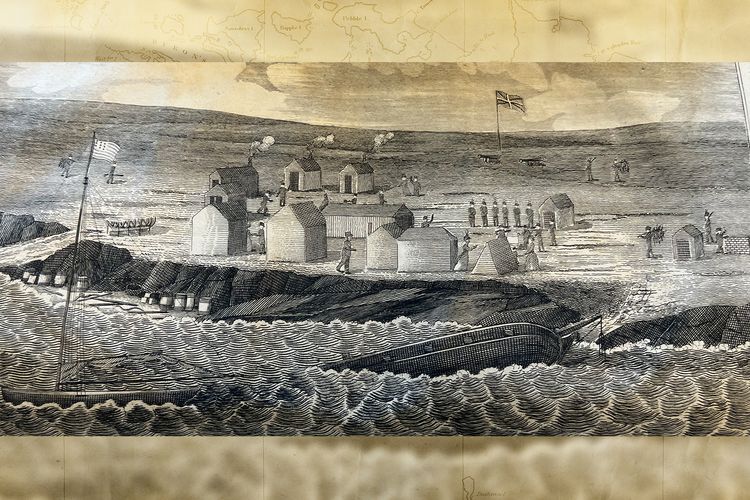 The wreck of the Isabella and Newton Providence camp, as shown in Charles H. Barnard's narrative of his experiences in the Falklands, 1829