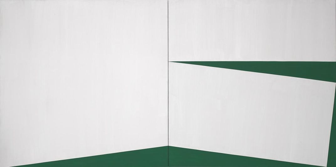 An abstract painting in white and green.