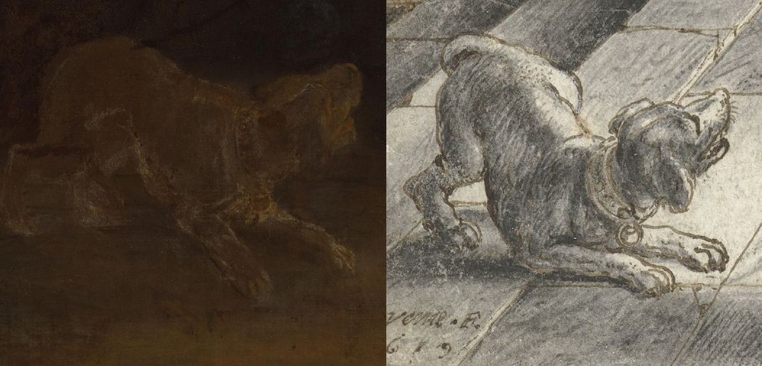 A side-by-side comparison of the dogs by Rembrandt and van de Venne