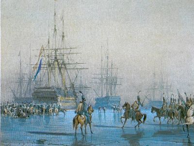 Watercolor painting of the Battle of Texel by painter Léon Morel-Fatio. 