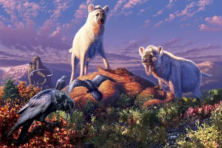 An artist’s rendering of ancient Arctic hyenas belonging to the genus Chasmaporthetes. A new study reports that two enigmatic fossil teeth found in Yukon Territory in Canada belonged to Chasmaporthetes, making the teeth the first known fossils of hyenas found in the Arctic. 
