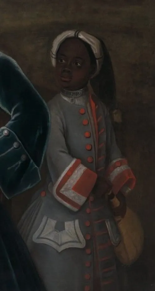 A close up version of a young Black boy of African descent, who wears red and grey livery and is in the act of pouring wine for the wealthy men