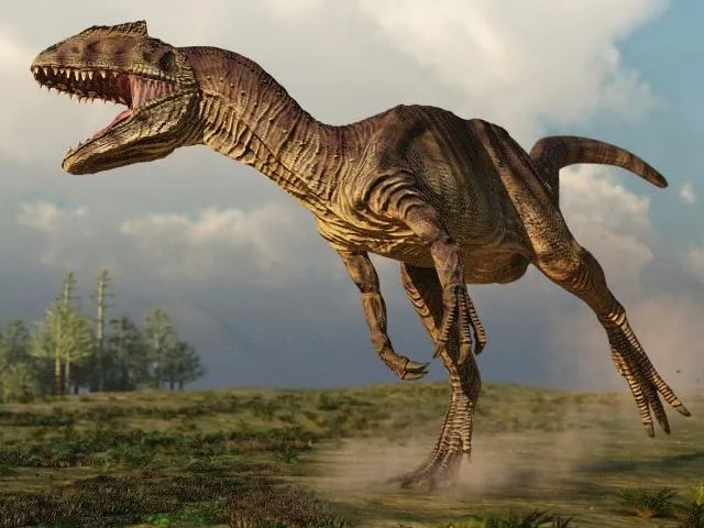 Allosaurus running in an open field