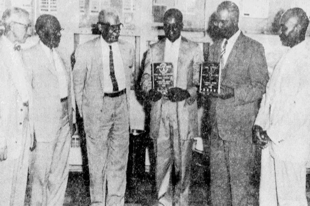 A 1959 photograph of Saxon, who is standing third from left