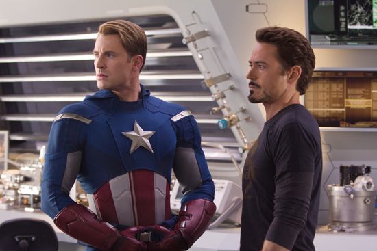 Captain America (Chris Evans) and Tony Stark (Robert Downey Jr.) in Marvel’s The Avengers