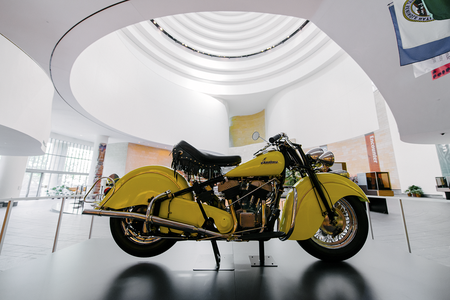A 1948 Indian Chief motorcycle, a loan from the Barber Vintage Motorsports Museum in Birmingham, Alabama, is on view in the atrium of the museum. When Americans opens in the fall, the motorcycle will be moved to the exhibition gallery.
