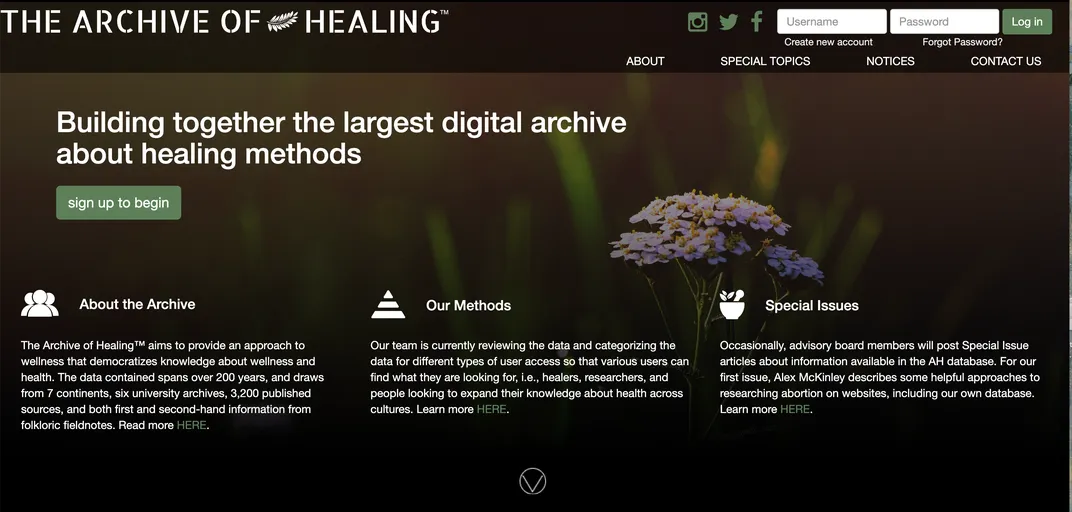 Screenshot of Archive of Healing website