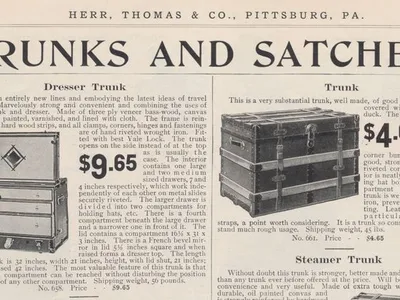 Herr, Thomas & Co., Pittsburg, PA. Catalogue No. 101 (1907), page 74, Dresser Trunk, Suit Case, Leather Suit Case, Cabinet Bag, Trunk, Steamer Trunk, Hand Bag or Satchel.
