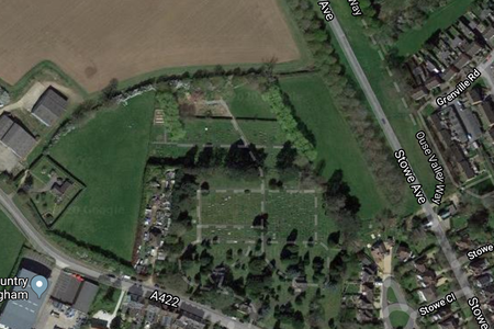 A satellite view of a region of Buckingham, England where 42 skeletons were recently unearthed on a former farm situated near a cemetery (center)