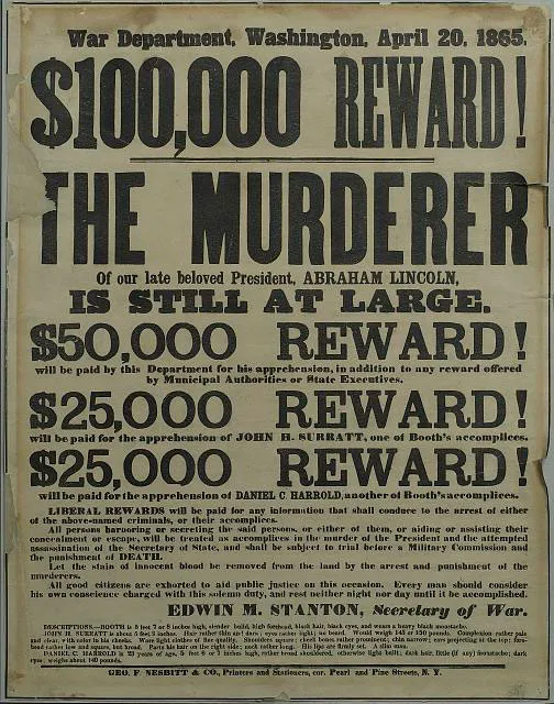 Wanted poster issued after Lincoln’s assassination.