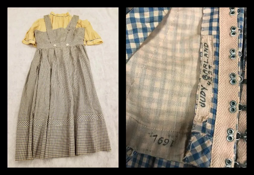 Left, the dress, which is faded and appears almost yellow; right, a close up of the blue white checked print and Judy Garland's name written along a seam