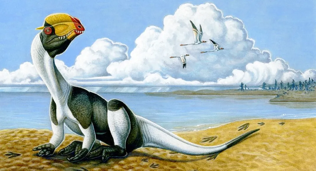 a large, beaked dinosaur sits on a shoreline
