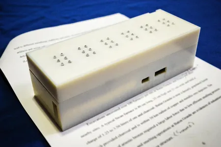 The team has developed many different prototypes. Their latest iteration can display six characters at a time and images the text using an internal camera.
