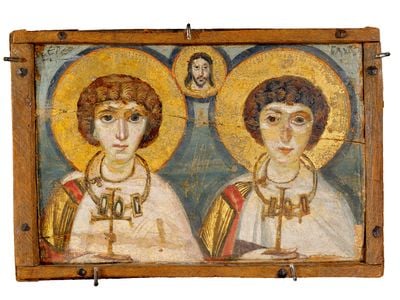 This icon featuring images of Saints Sergius and Bacchus is one of four encaustic paintings on display at the Louvre after being evacuated from Ukraine.