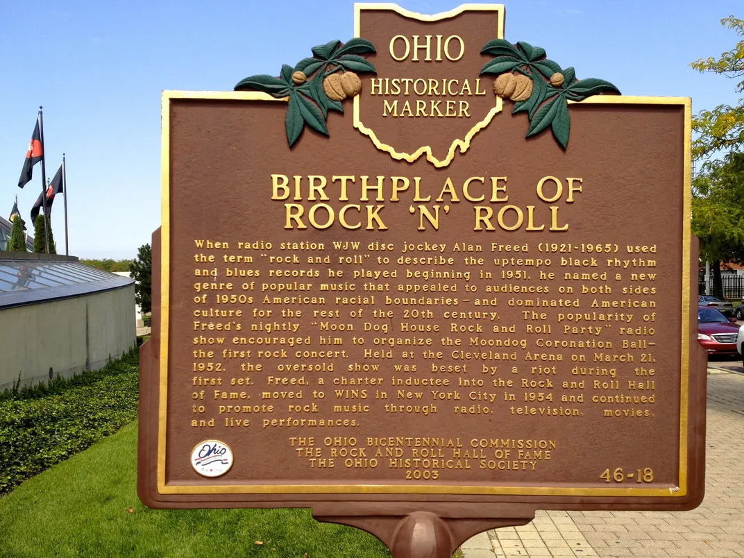 An Ohio historical marker commemorating the birth of rock 'n' roll