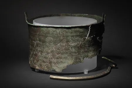 The Bromeswell Bucket, restored its original form, is on display in the High Hall at Sutton Hoo.