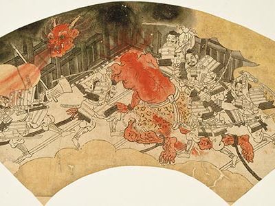 A Japanese folk tale is immortalized in artwork, such as this 19th-century fan painting by Kawanabe Kyosai.