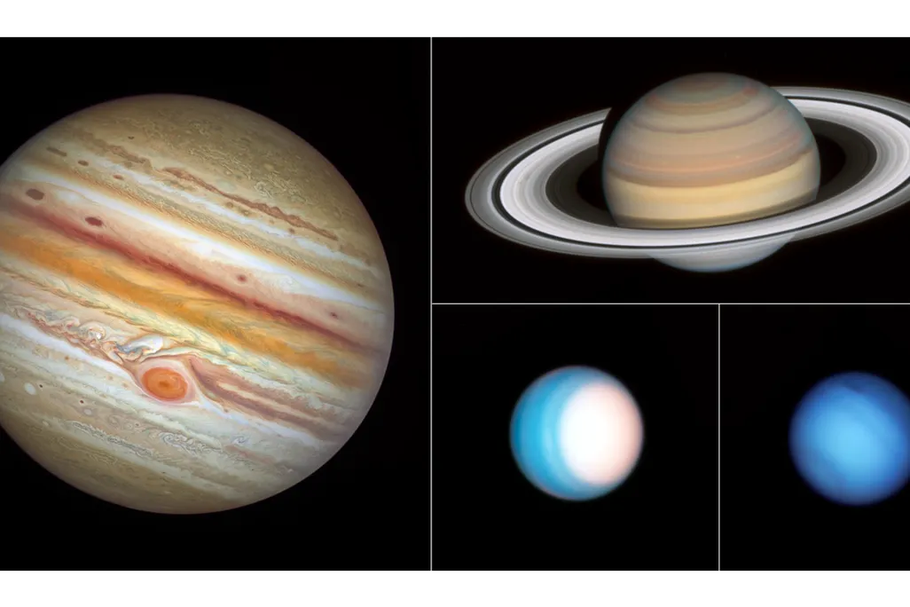 A collage of outer solar system planets, Jupiter, Saturn, Neptune and Uranus, taken by the Hubble Space Telescope.