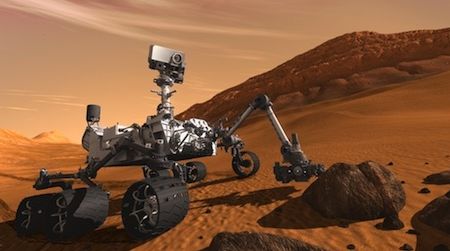 A digital rendering of Curiosity, set to land on Mars early Monday morning.