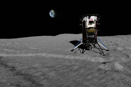 An artist’s rendering shows Intuitive Machines’ Nova-C lander already on the moon. But the 2,240-pound spacecraft isn’t scheduled to arrive until next year, when it will be launched by a SpaceX Falcon 9 rocket.
