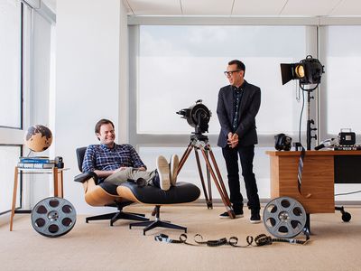 Bill Hader and Fred Armisen share a laugh at the Broadway Video offices in Beverly Hills, CA, surrounded by the tools of their trade for their new series, Documentary Now.