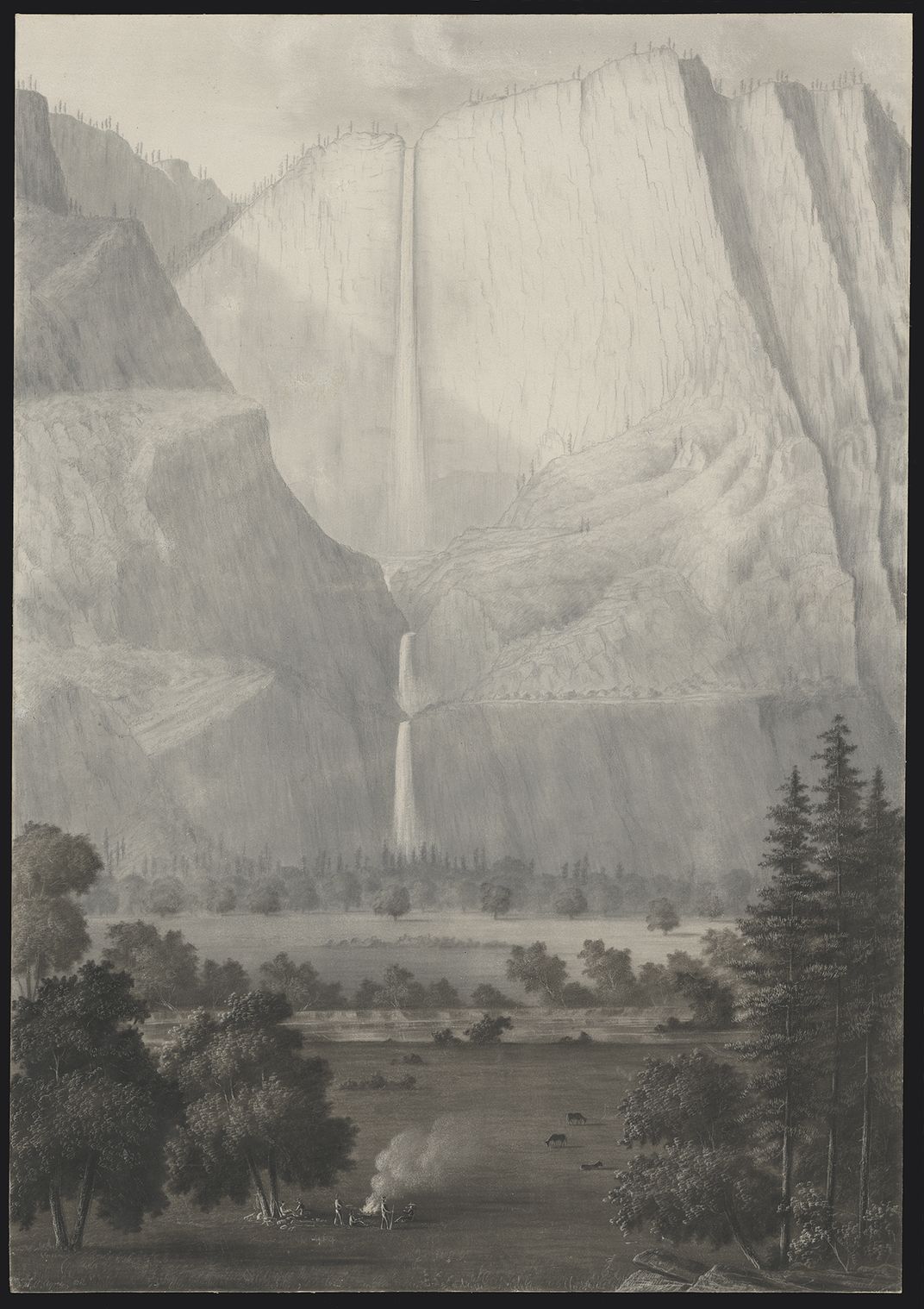 A black and white sketch of Yosemite Falls