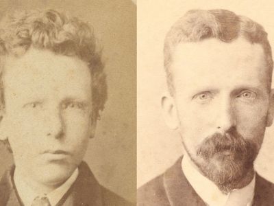 Left: A photo once identified as Vincent van Gogh, now believed to depict his brother Theo van Gogh Right: Theo van Gogh, aged thirty-two.

