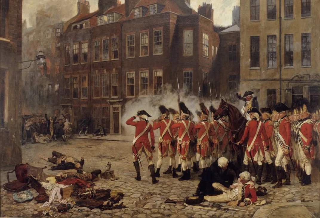 An 1879 painting of British soldiers confronting protesters during the Gordon Riots