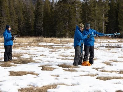 Researchers measure California snowpack levels at Phillips Station in the Sierra Nevada on January 2.