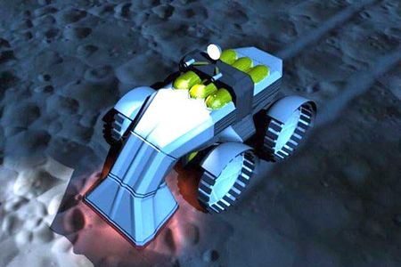 In this artist’s conception, a robotic lunar miner extracts water from the regolith near a pole of the Moon.