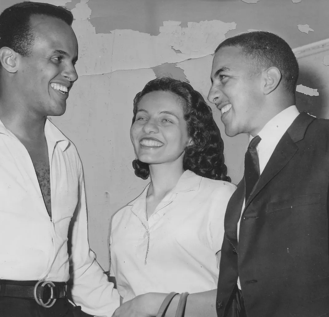 L to R: Musician and actor Harry Belafonte, Freedom Rider Diane Nash, and Freedom Rider Charles Jones discussing the Freedom Riders movement on July 14, 1961