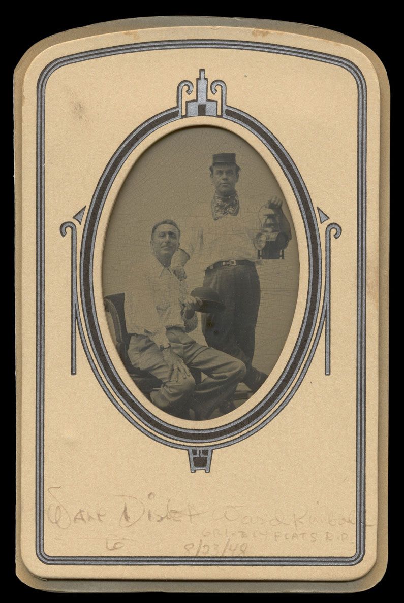 Walt Disney and Ward Kimball posing in the Greenfield Village tintype studio in 1948