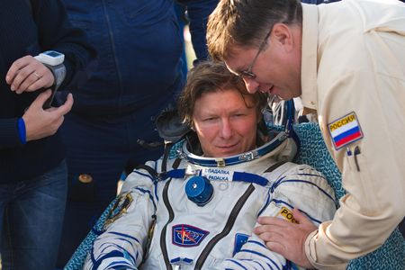 “What’s that smell?” Padalka safely on the ground after his last Soyuz landing in 2012.