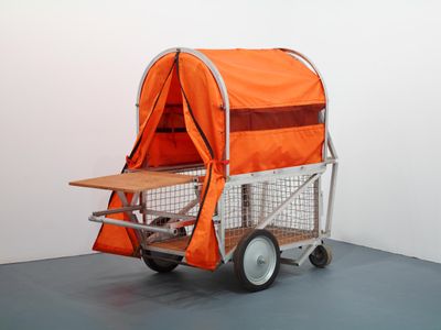 Homeless Vehicle, Variant 5 by Krzysztof Wodiczko, c. 1988, aluminum, fabric, wire cage and hardware