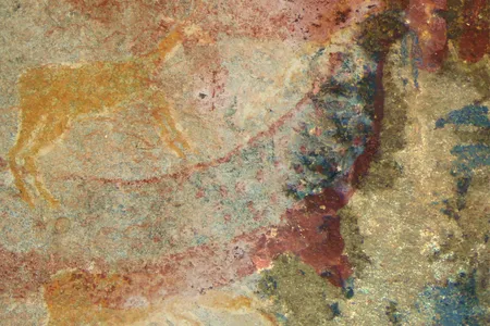 The Horned Serpent Panel, painted by the San people in southern Africa, shows a mysterious creature&#39;s tusks in blue at the upper right.