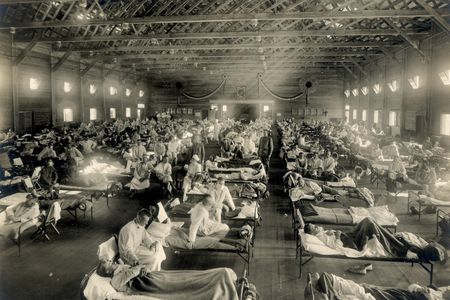 An emergency hospital at Camp Funston, Kansas, 1918. “Of the 12 men who slept in my squad room, 7 were ill at one time,” a soldier recalled.