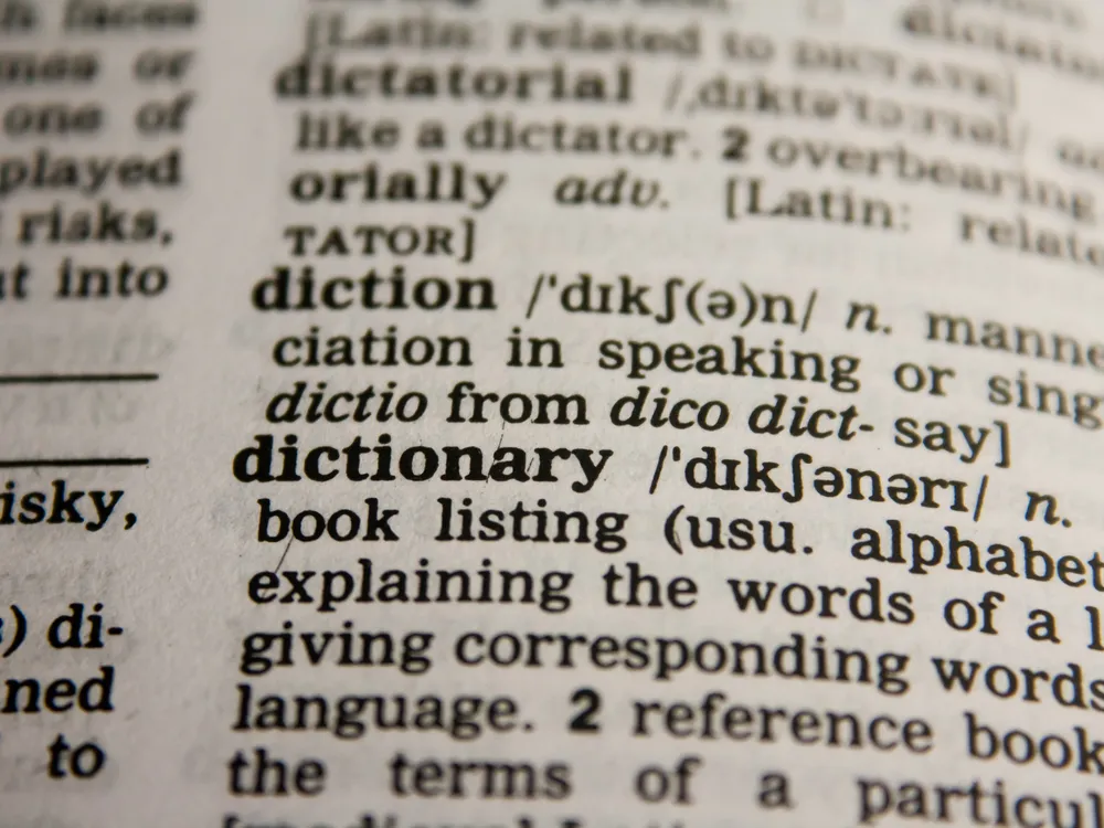 Close-up of the word "dictionary" in a dictionary