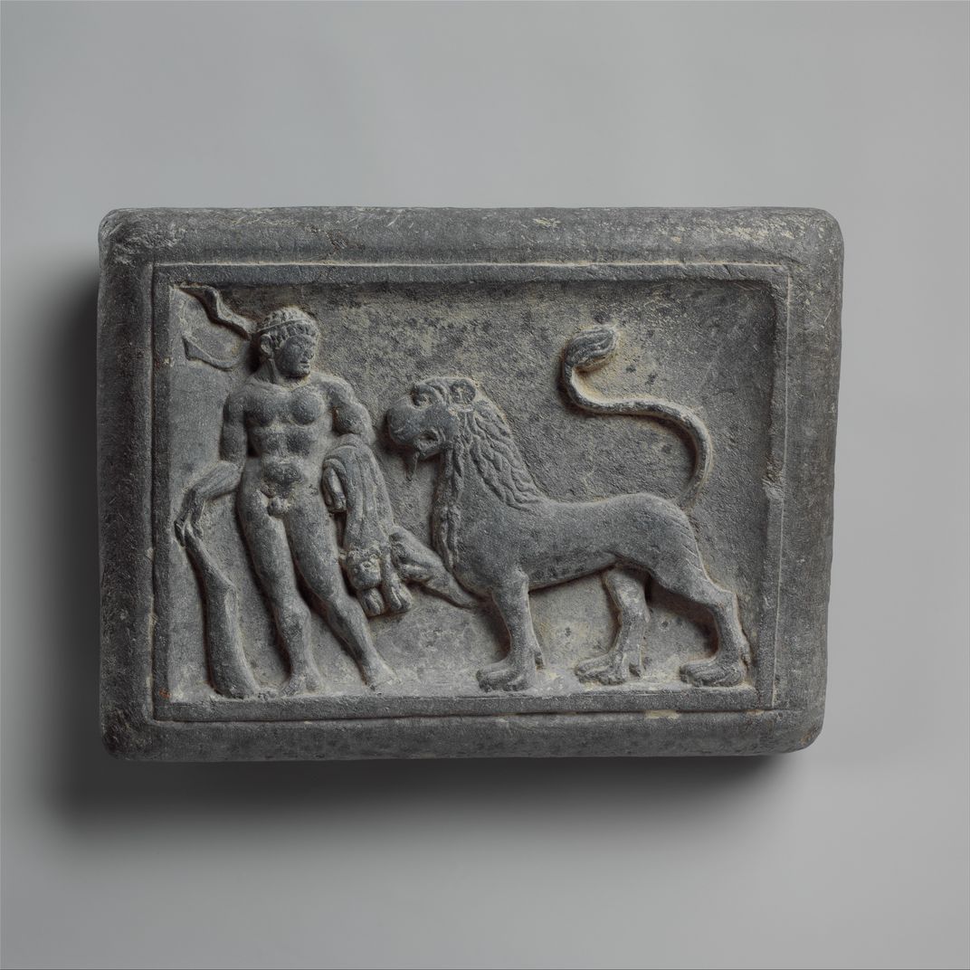 Wrestler's weight depicting Heracles and the Nemean Lion, from first-century Gandhara